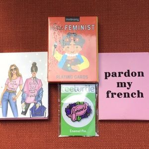 Feminist playing cards, pin and note pads